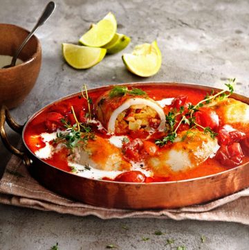 inktvis gevuld met chorizo, venkel en tijm