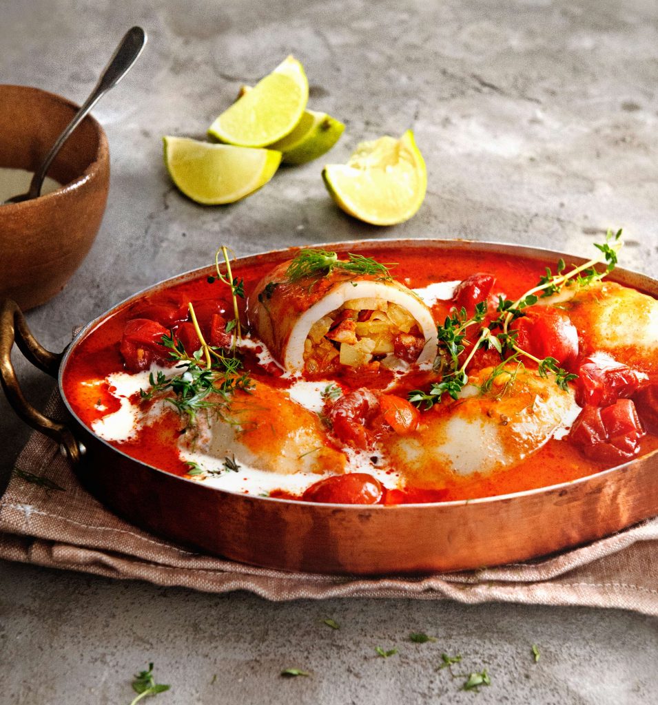 inktvis gevuld met chorizo, venkel en tijm